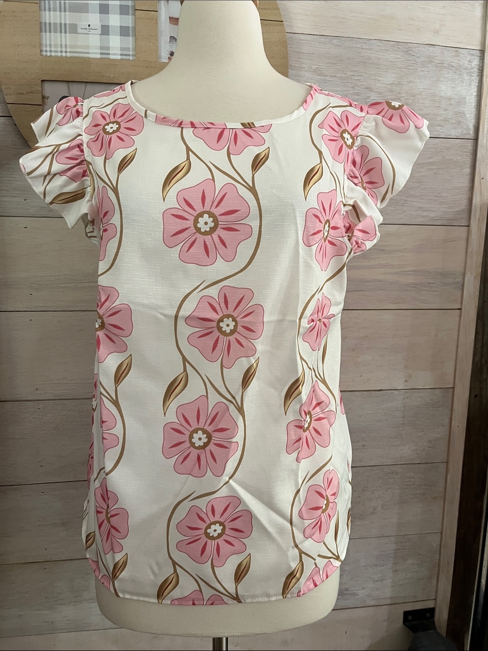 SHEIN Cream Top with Pink Floral Print and Ruffle Sleeves M